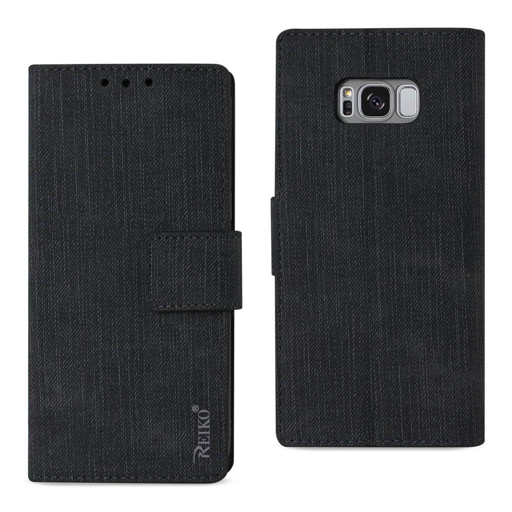 Reiko Samsung S8 Edge/ S8 Plus Denim Wallet Case with Gummy Inner Shell & Kickstand Function in Black