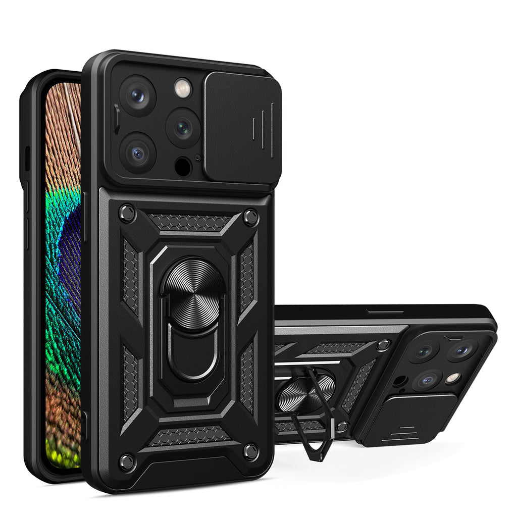 Reiko Kickstand Ring Holder with Slide Camera Cover TPU Magnetic Car Mount for Apple iPhone 14 Pro in Black