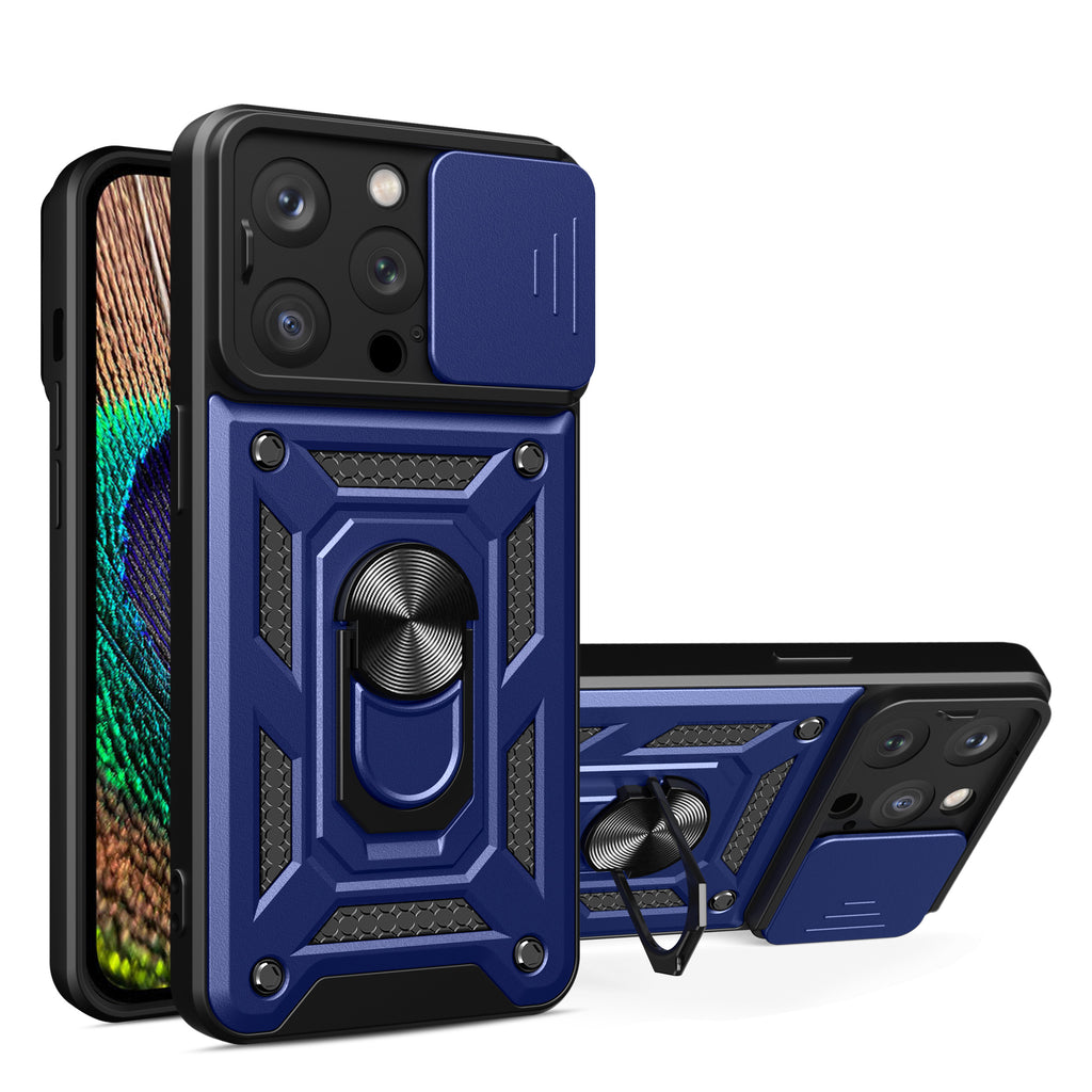 Reiko Kickstand Ring Holder with Slide Camera Cover TPU Magnetic Car Mount for Apple iPhone 14 Pro in Blue
