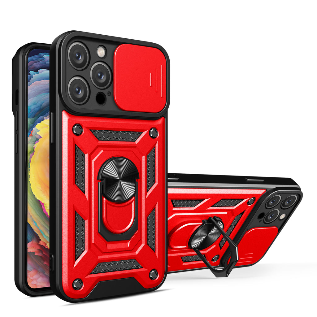 Reiko Kickstand Ring Holder with Slide Camera Cover TPU Magnetic Car Mount for Apple iPhone 14 Pro Max in Red