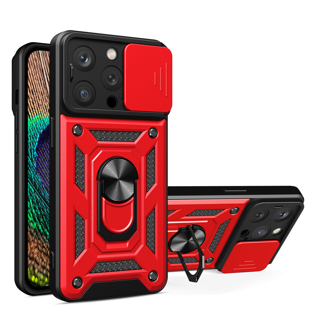 Reiko Kickstand Ring Holder with Slide Camera Cover TPU Magnetic Car Mount for Apple iPhone 14 Pro in Red