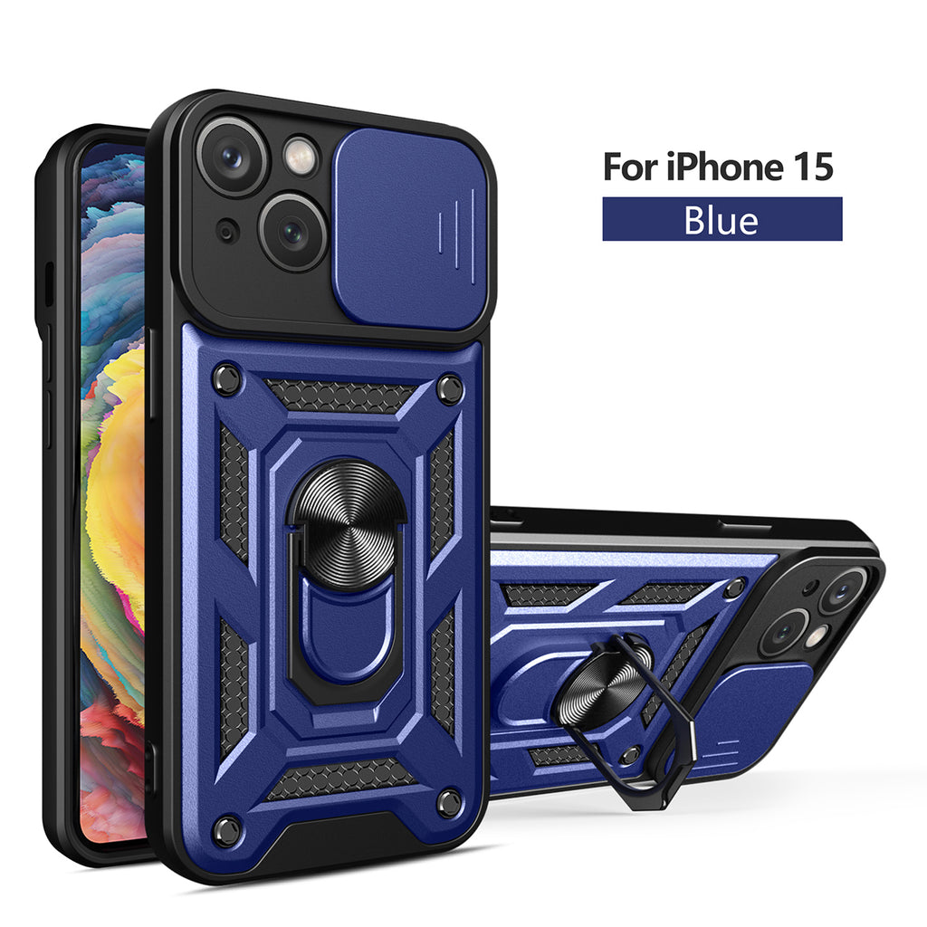 Reiko Kickstand Ring Holder with Slide Camera Cover TPU Magnetic Car Mount for Apple iPhone 15 in Blue