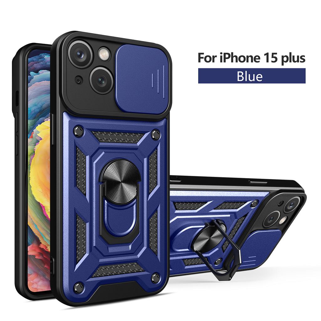 Reiko Kickstand Ring Holder with Slide Camera Cover TPU Magnetic Car Mount for Apple iPhone 15 Plus in Blue