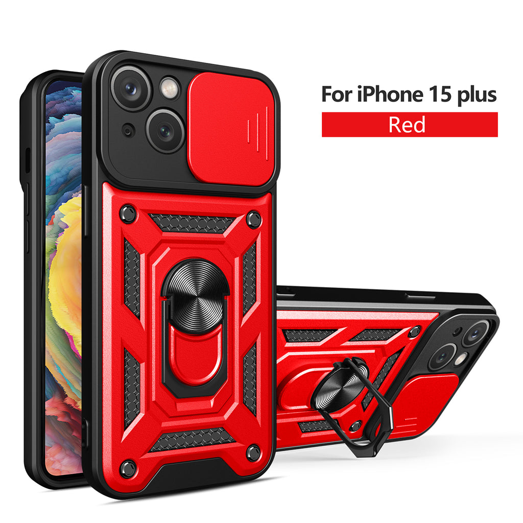 Reiko Kickstand Ring Holder with Slide Camera Cover TPU Magnetic Car Mount for Apple iPhone 15 Plus in Red