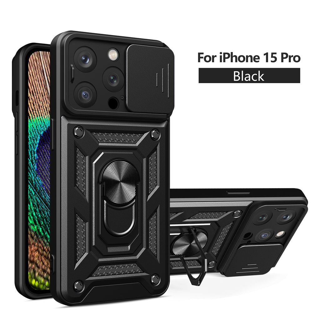 Reiko Kickstand Ring Holder with Slide Camera Cover TPU Magnetic Car Mount for Apple iPhone 15 Pro in Black