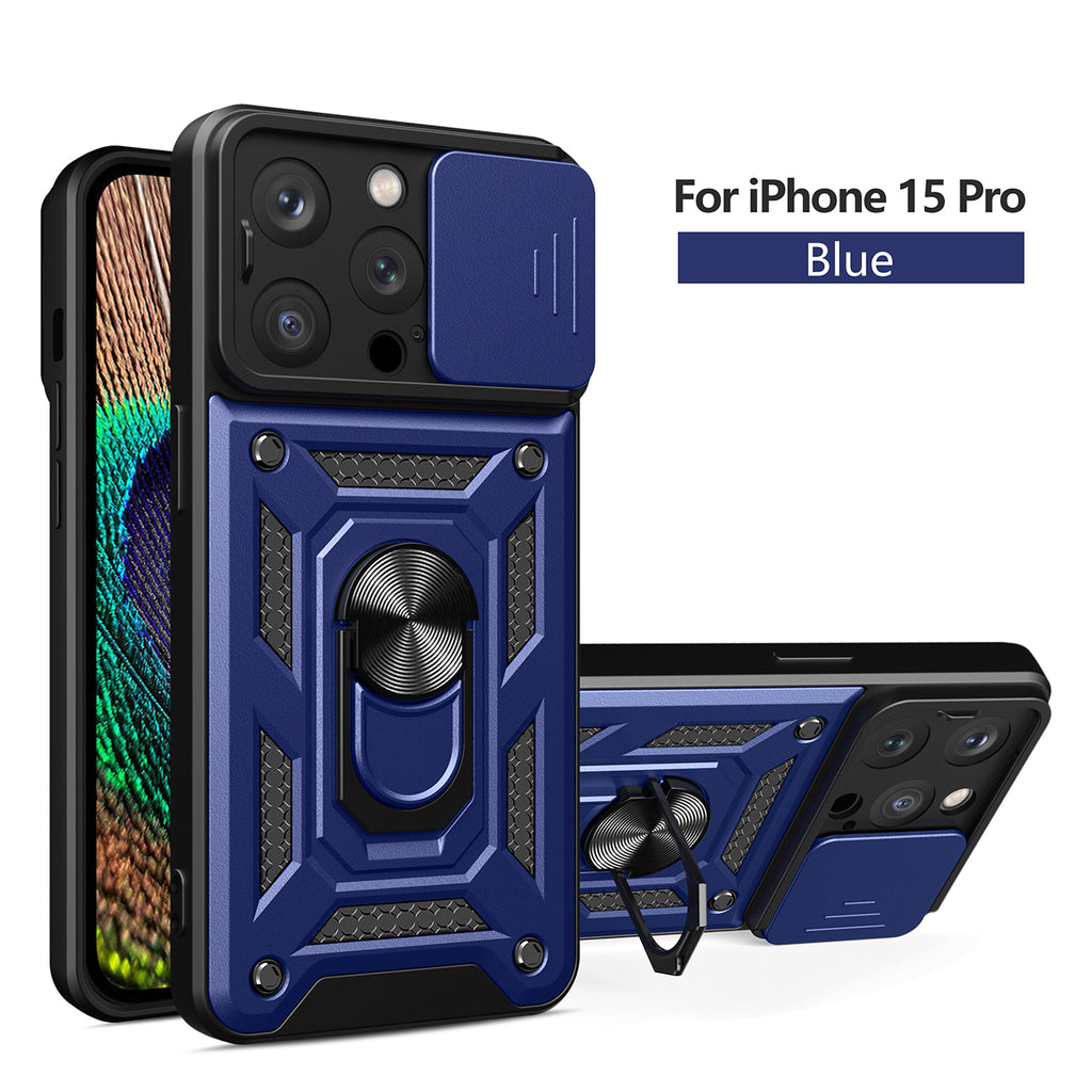 Reiko Kickstand Ring Holder with Slide Camera Cover TPU Magnetic Car Mount for Apple iPhone 15 Pro in Blue