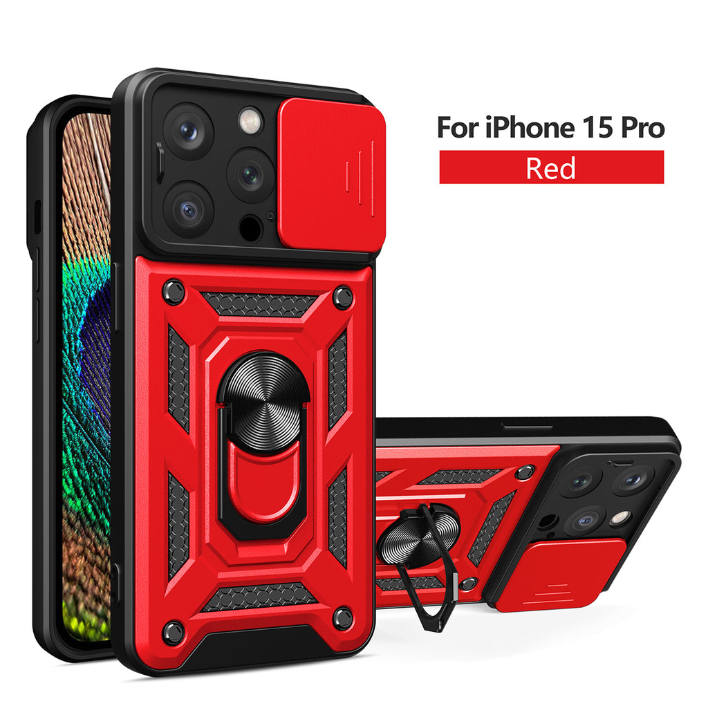Reiko Kickstand Ring Holder with Slide Camera Cover TPU Magnetic Car Mount for Apple iPhone 15 Pro in Red