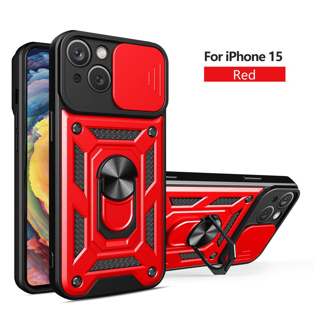 Reiko Kickstand Ring Holder with Slide Camera Cover TPU Magnetic Car Mount for Apple iPhone 15 in Red
