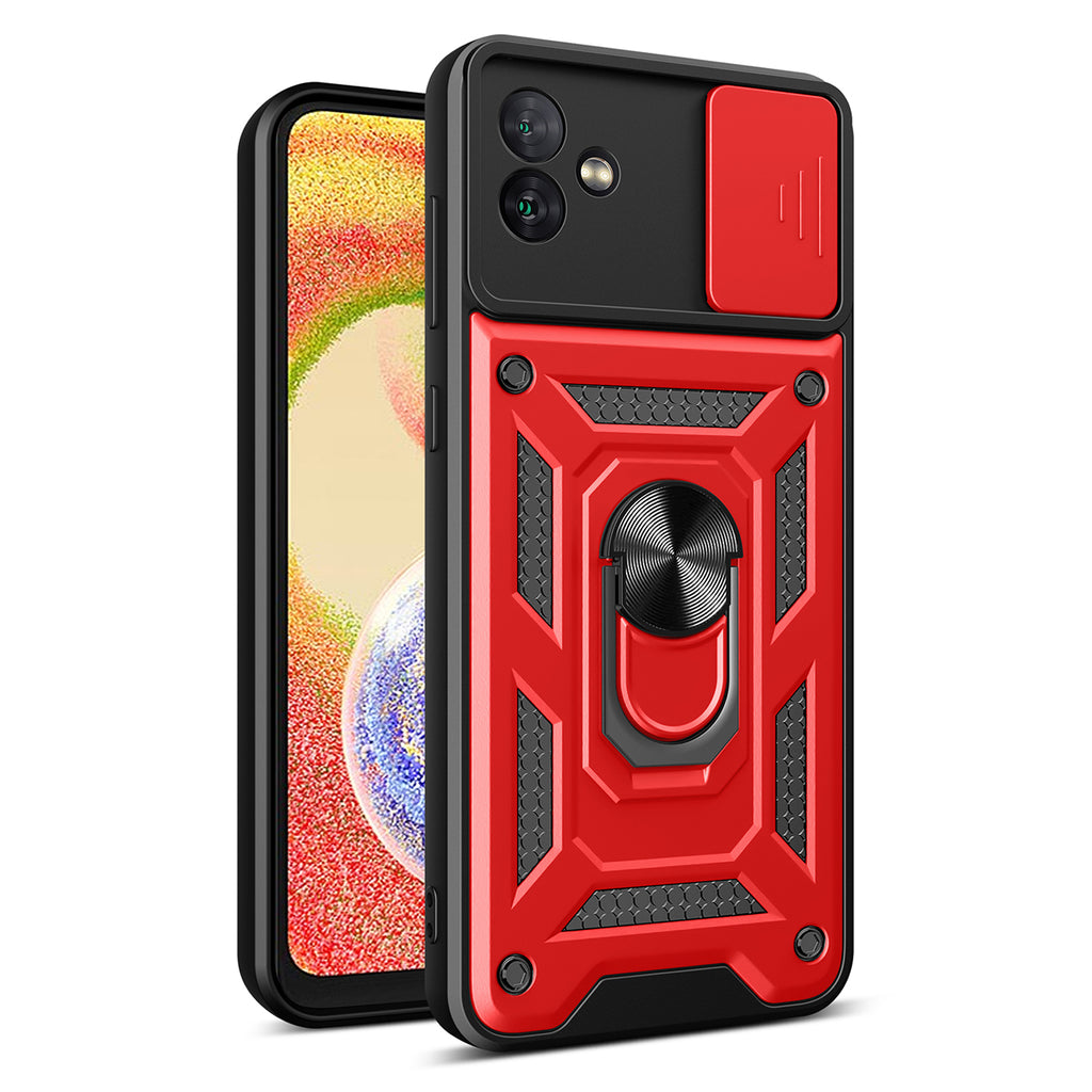 Reiko Kickstand Ring Holder with Slide Camera Cover TPU Magnetic Car Mount for Galaxy A04 in Red