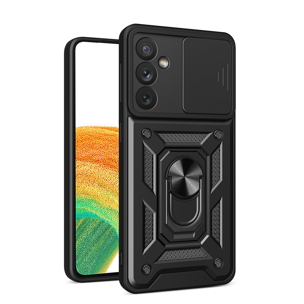 Reiko Kickstand Ring Holder with Slide Camera Cover TPU Magnetic Car Mount for Galaxy A34 5G in Black