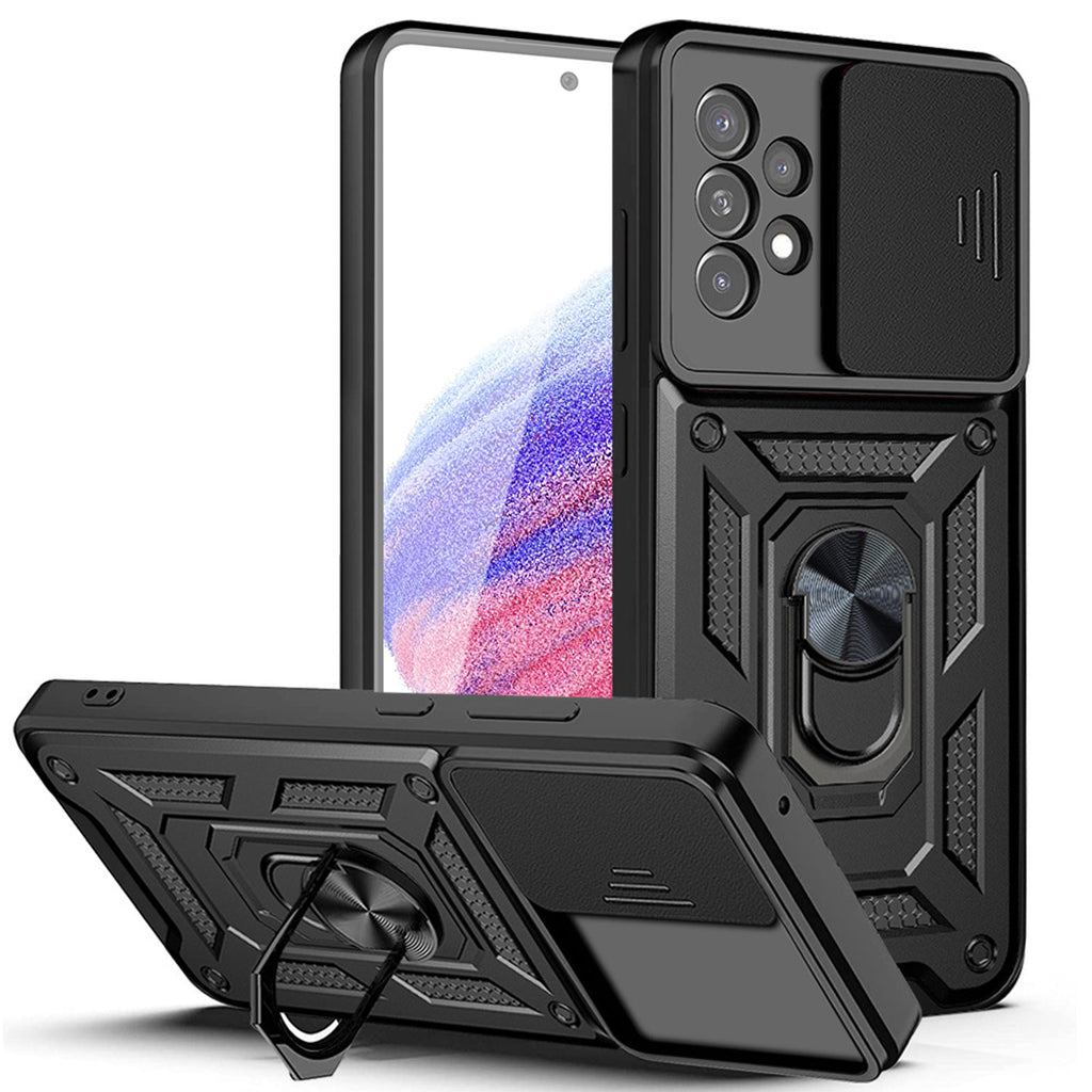 Reiko Kickstand Ring Holder with Slide Camera Cover TPU Magnetic Car Mount for Galaxy A53 5G in Black
