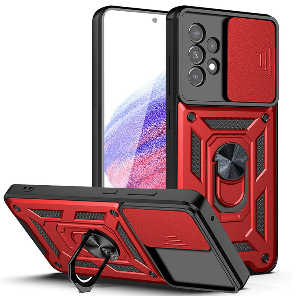 Reiko Kickstand Ring Holder with Slide Camera Cover TPU Magnetic Car Mount for Galaxy A53 5G in Red
