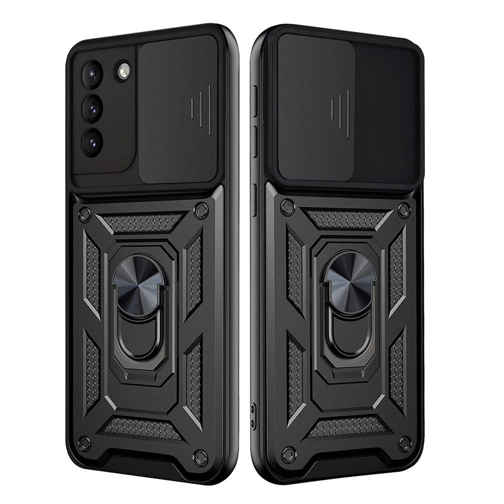 Reiko Kickstand Ring Holder with Slide Camera Cover TPU Shockproof Case & Magnetic Car Mount for Samsung Galaxy S21/S30