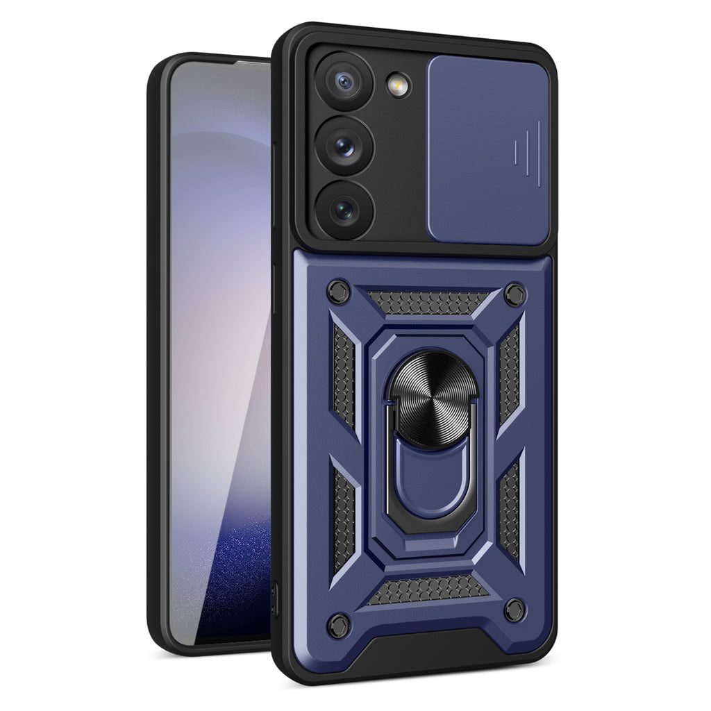 Reiko Kickstand Ring Holder with Slide Camera Cover TPU Magnetic Car Mount for Galaxy S23 Plus in Blue