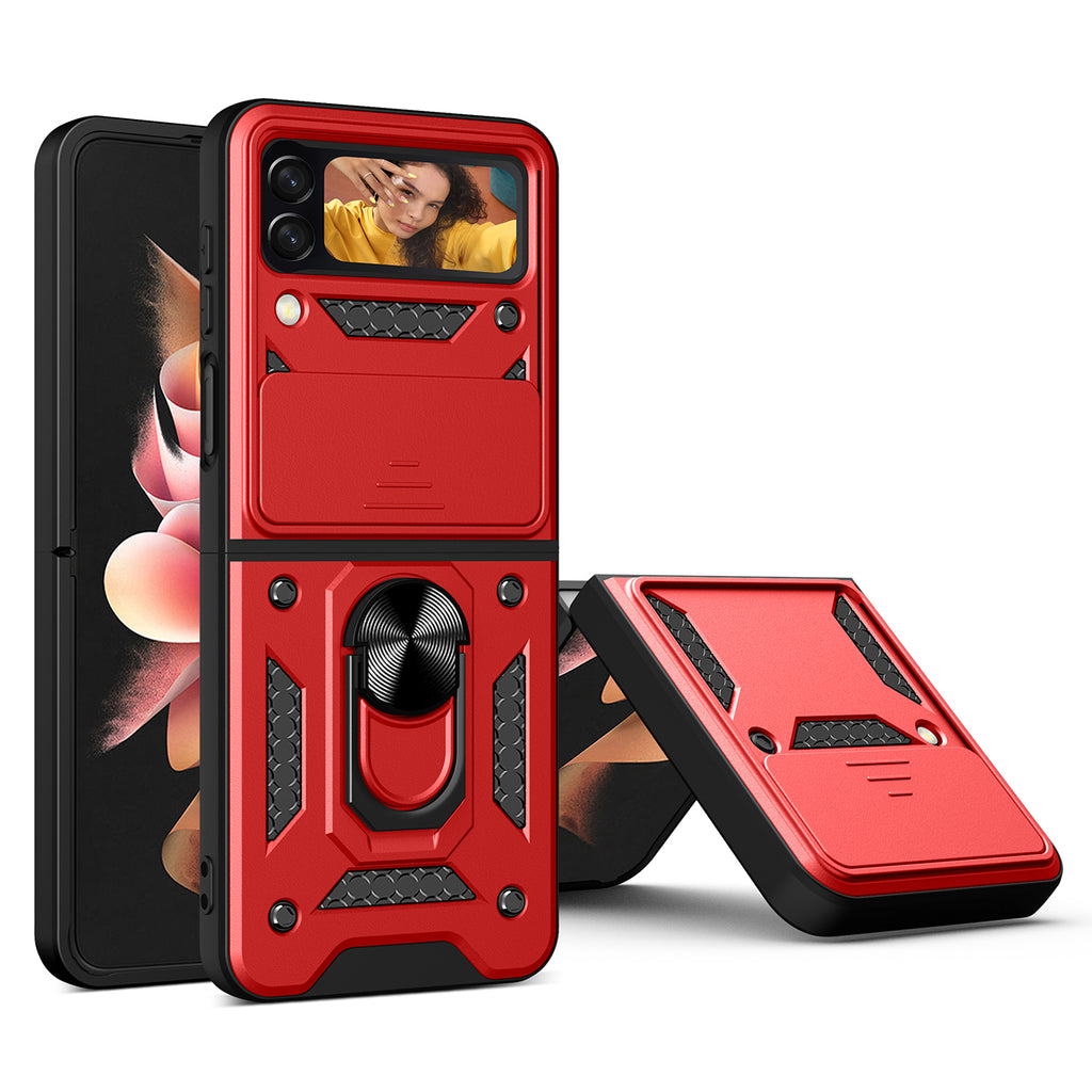 Reiko Kickstand Ring Holder with Slide Camera Cover TPU Magnetic Car Mount for Samsung Galaxy Z Flip 4 in Red