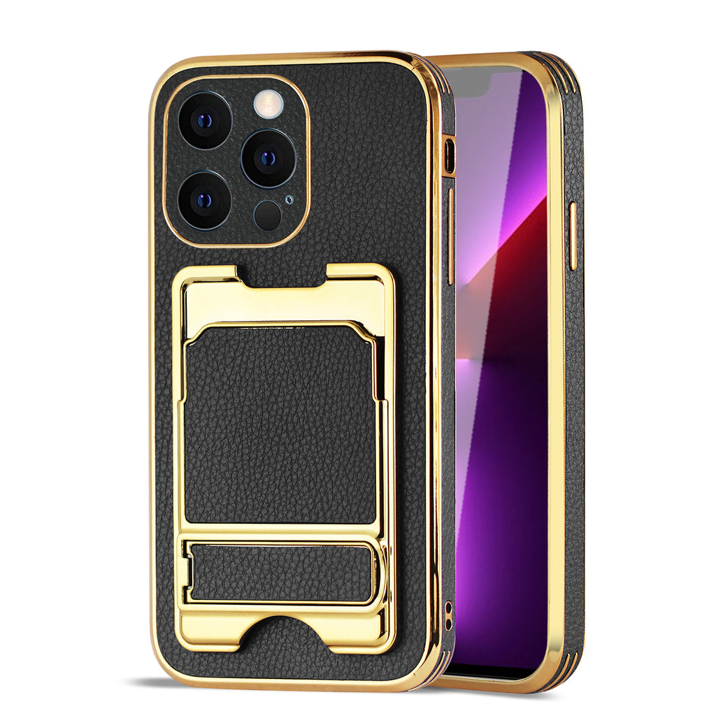 Reiko iPhone 13 Pro Leather Case with Card Holder in Black
