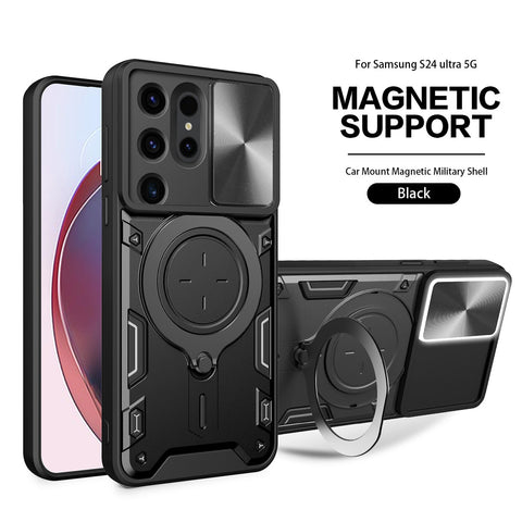 Reiko TPU PC Shockproof Magnetic Phone Case with Free Adjustment Ring Holder for Samsung Galaxy S24 Ultra in Black | MaxStrata