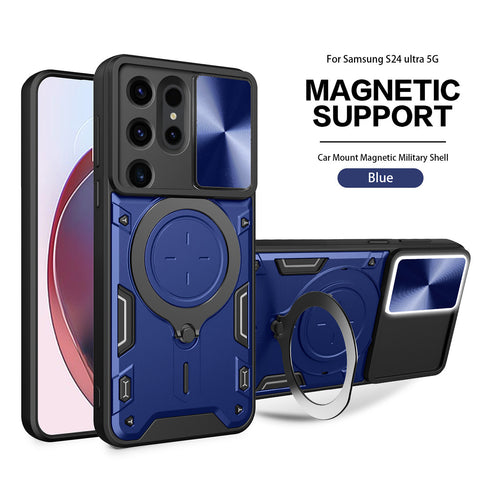Reiko TPU PC Shockproof Magnetic Phone Case with Free Adjustment Ring Holder for Samsung Galaxy S24 Ultra in Blue | MaxStrata