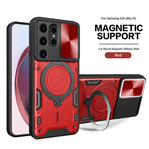 Reiko TPU PC Shockproof Magnetic Phone Case with Free Adjustment Ring Holder for Samsung Galaxy S24 Ultra in Red | MaxStrata