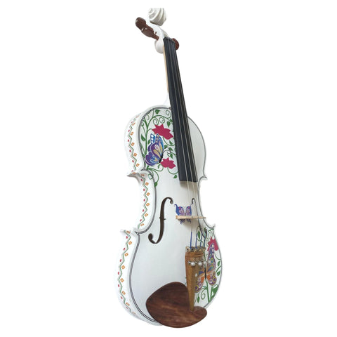 Rozanna's Violins Butterfly Dream II Bejeweled White Violin Outfit with Greco & Carbon Fiber Bow 4/4 | Includes Bow, Rosin, Case & Strings | MaxStrata®