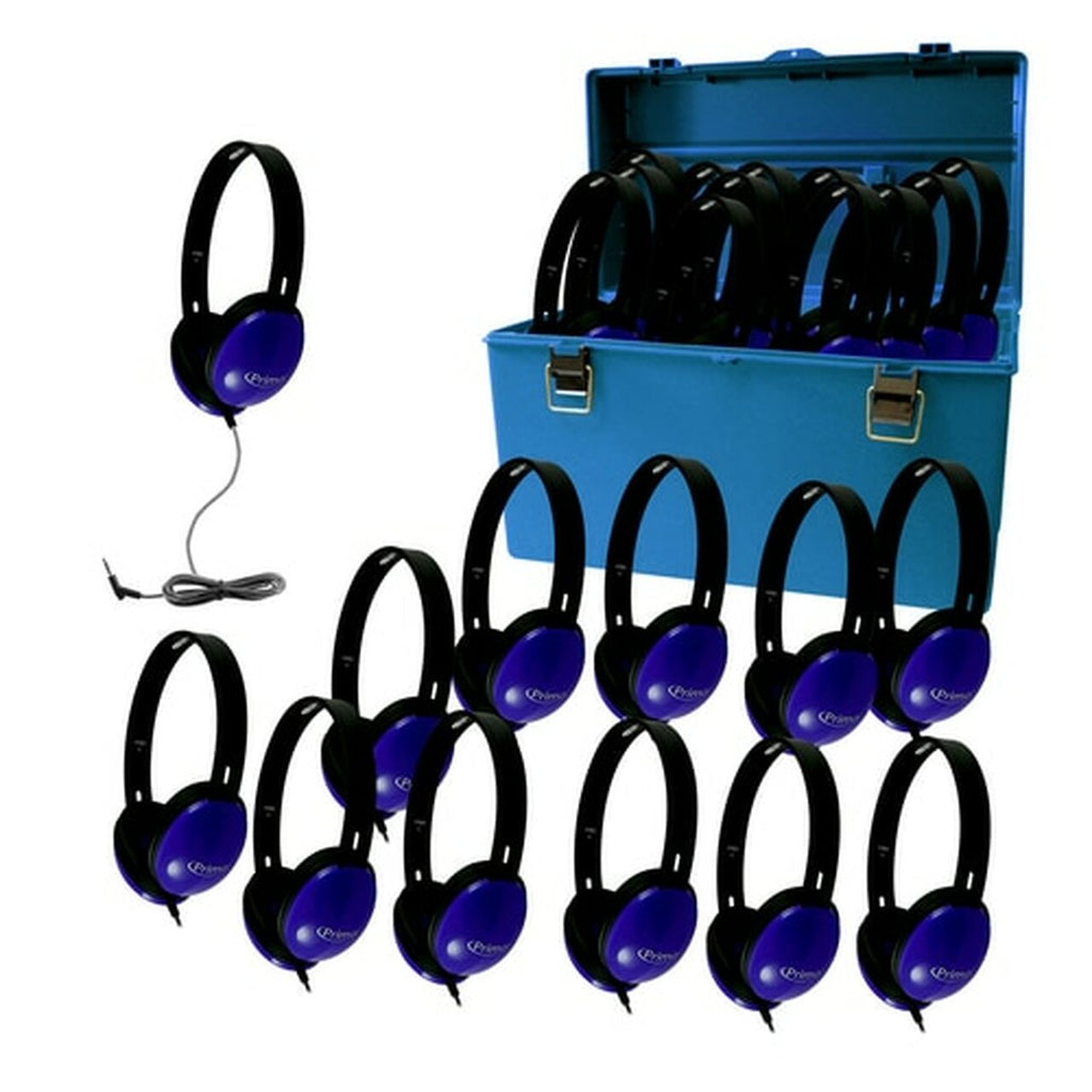 HamiltonBuhl Lab Pack of 24 Primo Stereo Headphones with 3.5mm Plug in Large Carry Case
