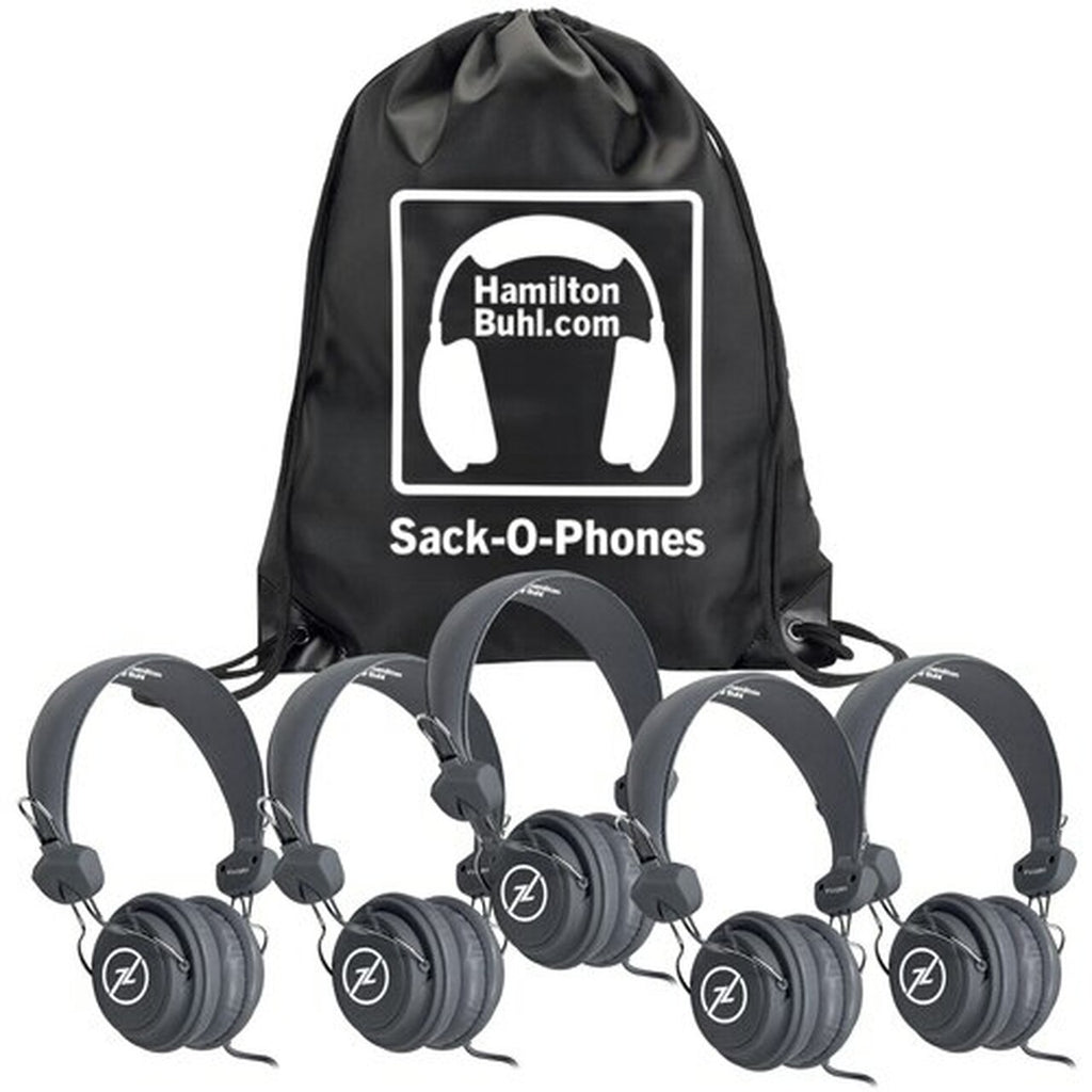 HamiltonBuhl Sack-O-Phones, 5 Gray Favoritz Headsets with In-Line Microphone and TRRS Plug
