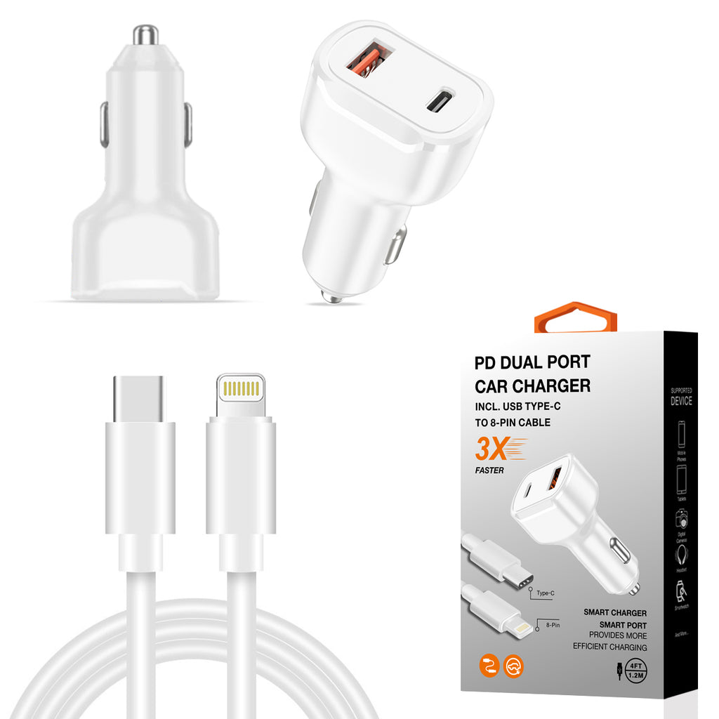 Reiko 36W PD Dual Ports Travel Car Charger Adapter Fast Charging with USB-C to 8 Pin Cable | MaxStrata