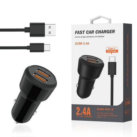 Reiko Type-C Portable Car Charger with Built in 3 Ft Cable in Black | MaxStrata