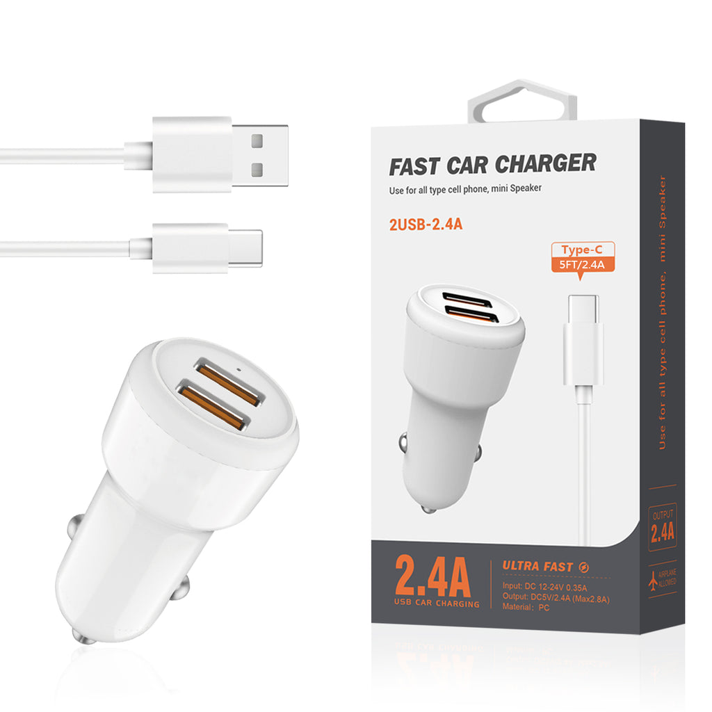Reiko Type-C Portable Car Charger with Built in 3 Ft Cable in White | MaxStrata