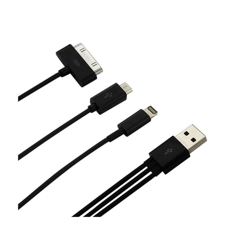 Reiko 8 Pin & Micro USB Trio 3-in-1 USB Data Cable 0.58Ft in Black | MaxStrata