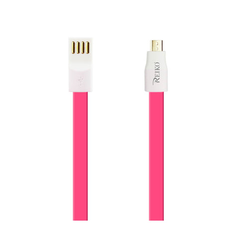 Reiko Flat Micro USB Gold Plated Data Cable 3.9Ft with Cable Tie in Hot Pink | MaxStrata