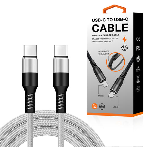 Reiko Power Delivery USB-C to C Fast Charging & Sync Nylon- Braided 5Ft Cable in Silver | MaxStrata