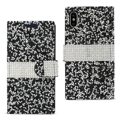 Reiko iPhone X/iPhone XS Diamond Rhinestone Wallet Case in Black | MaxStrata