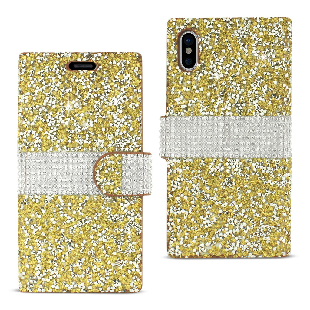Reiko iPhone X/iPhone XS Diamond Rhinestone Wallet Case in Gold | MaxStrata