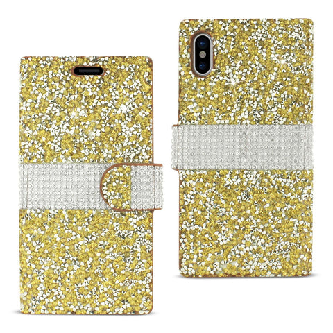 Reiko iPhone X/iPhone XS Diamond Rhinestone Wallet Case in Gold | MaxStrata