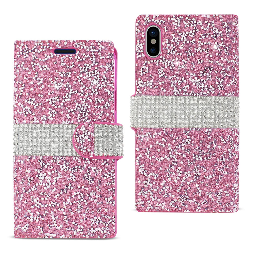 Reiko iPhone X/iPhone XS Diamond Rhinestone Wallet Case in Pink | MaxStrata