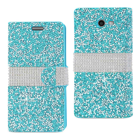 Reiko Samsung Galaxy J3 Emerge Diamond Rhinestone Wallet Case in Blue | MaxStrata