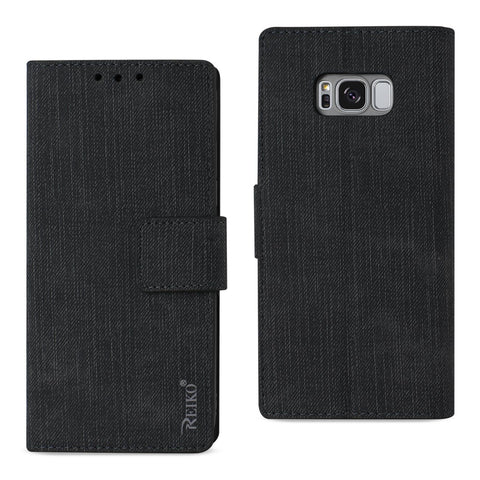 Reiko Samsung S8 Edge/ S8 Plus Denim Wallet Case with Gummy Inner Shell & Kickstand Function in Black | MaxStrata