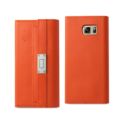 Reiko Samsung Galaxy Note 5 Genuine Leather RFID Wallet Case & Metal Buckle Belt in Tangerine | MaxStrata