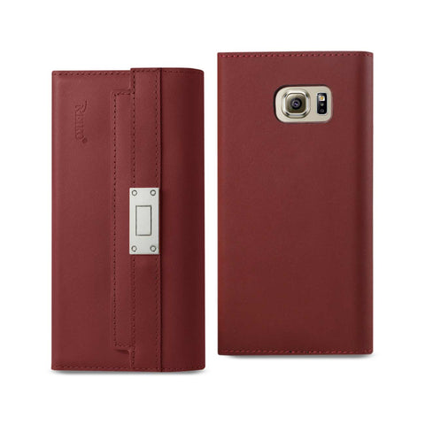 Reiko Samsung Galaxy S6 Genuine Leather RFID Wallet Case & Metal Buckle Belt in Burgundy | MaxStrata