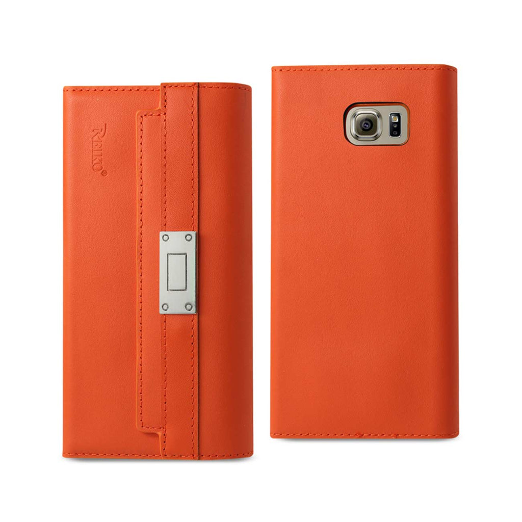 Reiko Samsung Galaxy S6 Genuine Leather RFID Wallet Case & Metal Buckle Belt in Tangerine | MaxStrata