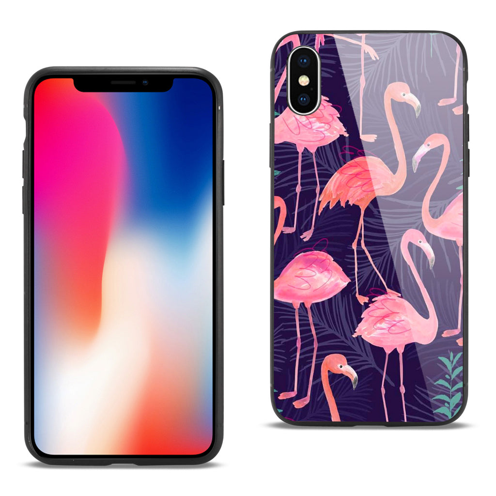 Reiko iPhone X/XS Hard Glass Design TPU Case with Flamingo Design in Purple