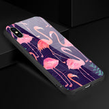 Reiko iPhone X/XS Hard Glass Design TPU Case with Flamingo Design in Purple