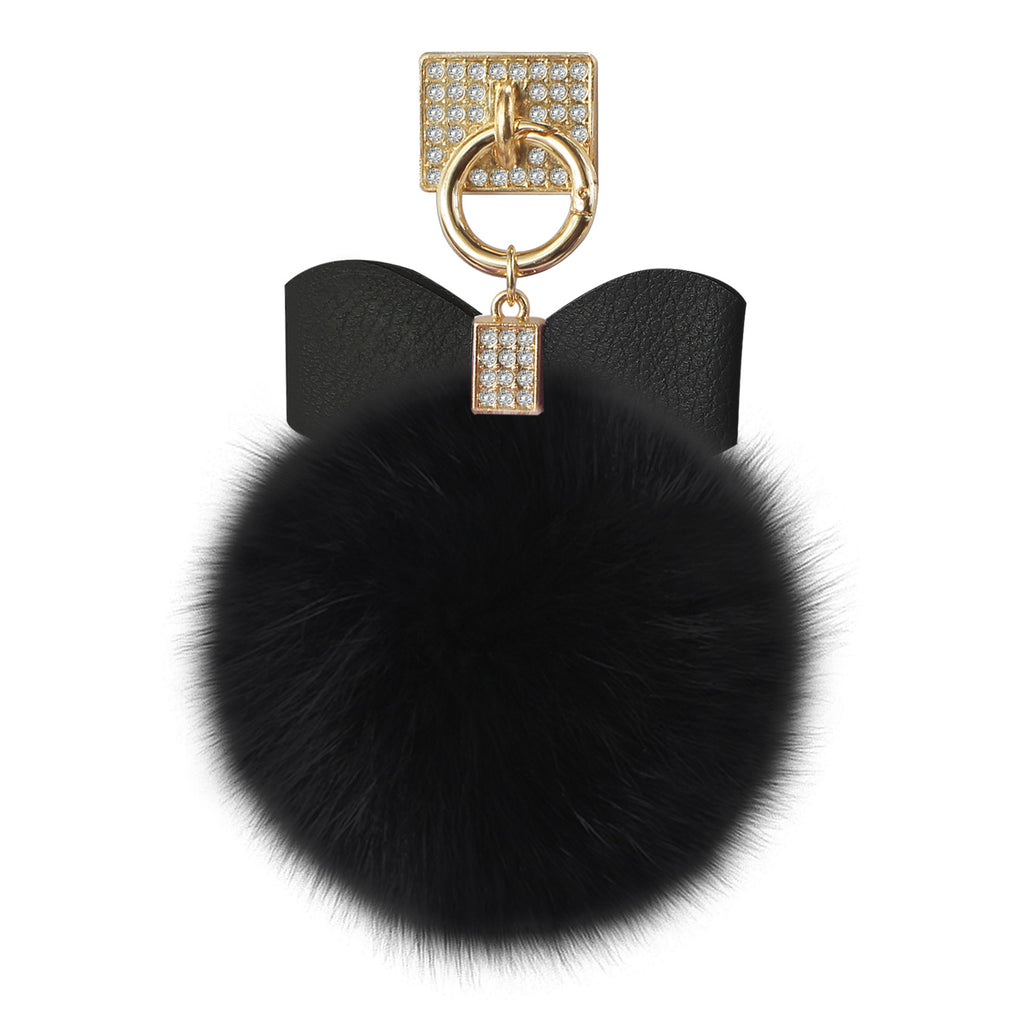 Reiko Phone Holder/ Finger Loop Grip with Rhinestone Soft Puffy Fur Ball in Black | MaxStrata