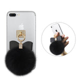 Reiko Phone Holder/ Finger Loop Grip with Rhinestone Soft Puffy Fur Ball in Black | MaxStrata