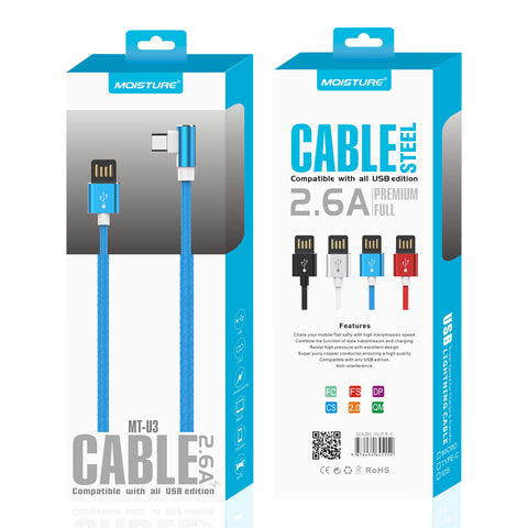 Reiko Moisture 2.6A Premium Full Steel USB to Type C Cable in Blue | MaxStrata
