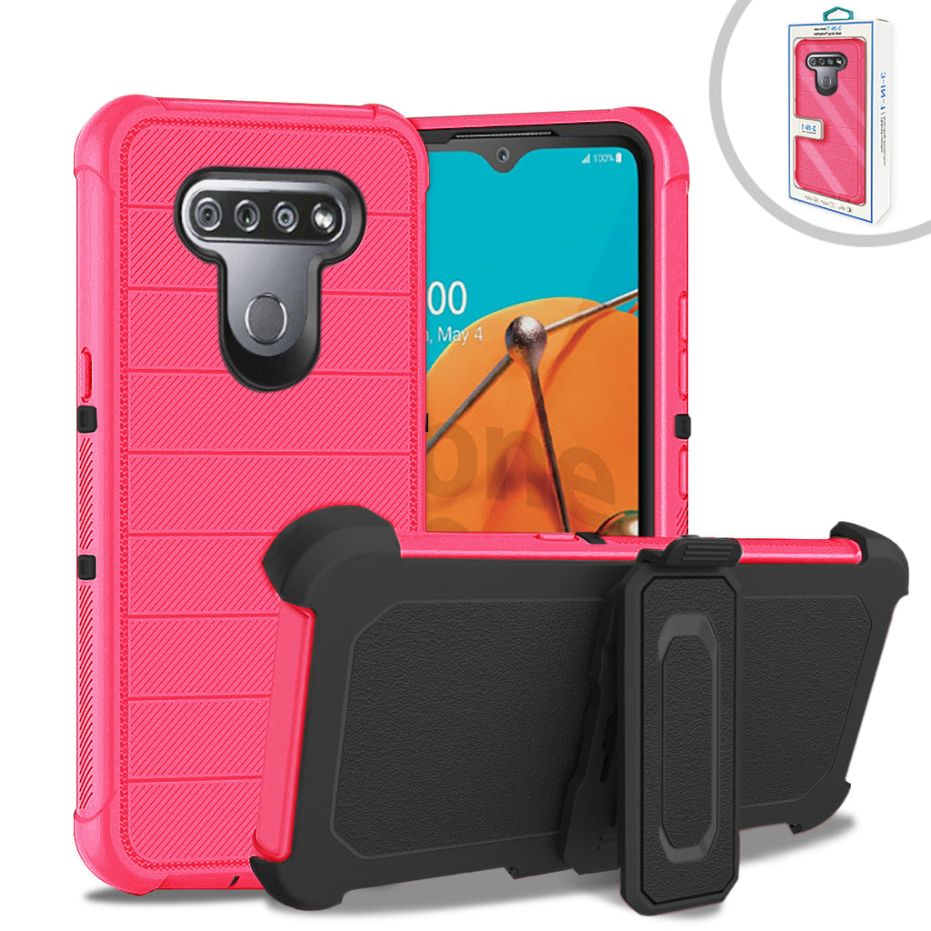 Reiko LG K51 3-in-1 Hybrid Heavy Duty Holster Combo Case in Hot Pink | MaxStrata