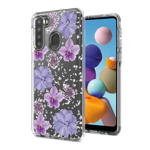 Reiko Pressed Dried Flower Design Phone Case for Samsung Galaxy A21 in Purple | MaxStrata