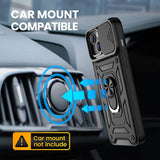 Reiko Kickstand Ring Holder with Slide Camera Cover TPU Magnetic Car Mount for Apple iPhone 13 in Black | MaxStrata