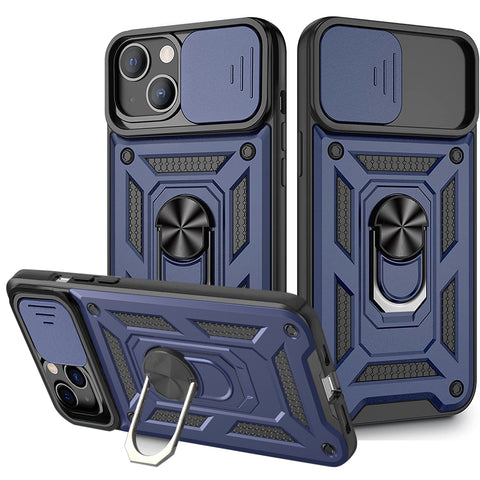Reiko Kickstand Ring Holder with Slide Camera Cover TPU Magnetic Car Mount for Apple iPhone 13 in Blue | MaxStrata
